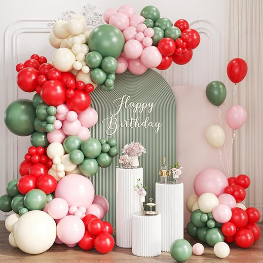 Sage Green Pink Red Balloon Arch Garland Kit, 167PCS Sage Green Blush Cherry Red Ivory Latex Balloons for Christmas Birthday Graduation Baby Shower Wedding Party Decoration