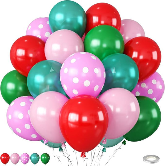 Red Pink Green Balloons with Pink Polka Dots Print Balloon, Pearl Turquoise Blue Dark Green Xmas Party Balloon for Birthday Carnival New Year Holiday Christmas Party Decorations
