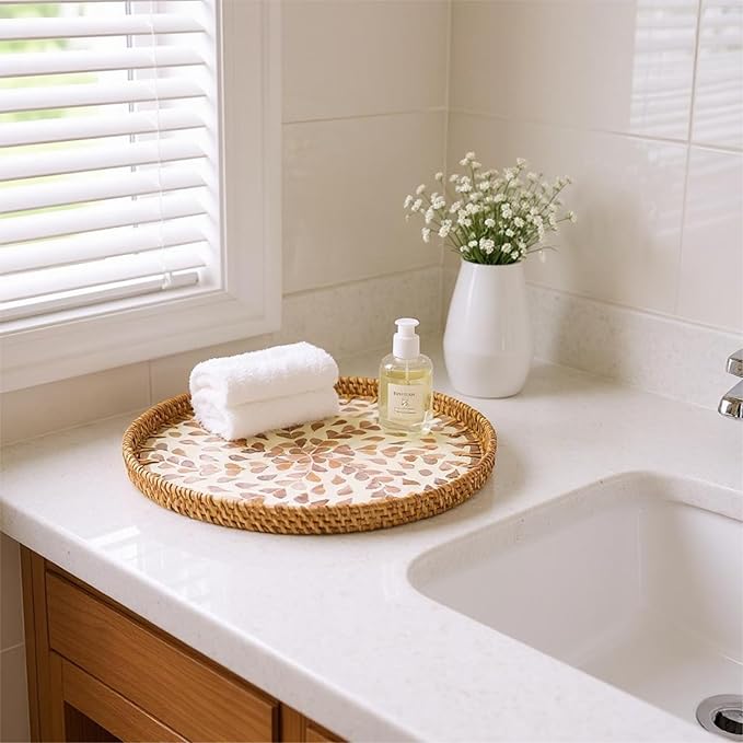 Round Rattan Tray with Mother of Pearl Inlay, Handwoven Wicker Coffee Table Serving Basket Tray for Fruit Snack Party Picnic Cafe Bedroom Kitchen Home Decor Set of 2 (Apricot Willow)