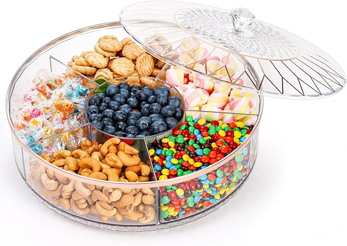 AVLA Rotating Snack Tray with Lid, 11.5" Plastic Divided Serving Dishes, Round Appetizer Platter, 6 Compartments Food Storage Organizer for Dried Fruits, Nuts, Candies, Veggie, Cookies(Clear)