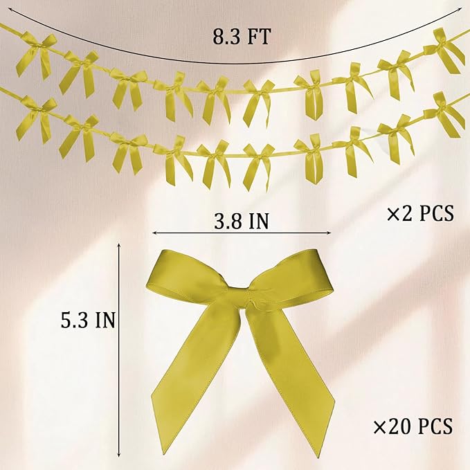 2pcs Gold Bow Garland Banner - 8.3 Feet Coquette Ribbon Bow Party Decorations for Baby Shower Girls, Birthday Party, Bridal Shower Decor (Gold)