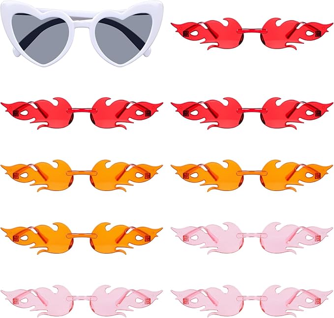 Tellegloww 10 Pairs Bachelorette Party Sunglasses 1 Heart 9 Fire Flame Shaped Sunglasses Fun Trendy Transparent Sun Glasses for Bride Bridesmaids Bachelorette Wedding Party Gifts