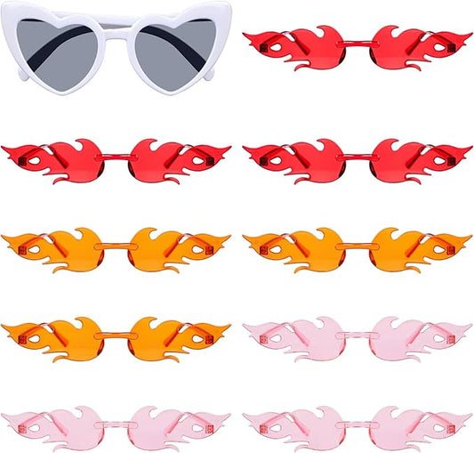 Tellegloww 10 Pairs Bachelorette Party Sunglasses 1 Heart 9 Fire Flame Shaped Sunglasses Fun Trendy Transparent Sun Glasses for Bride Bridesmaids Bachelorette Wedding Party Gifts