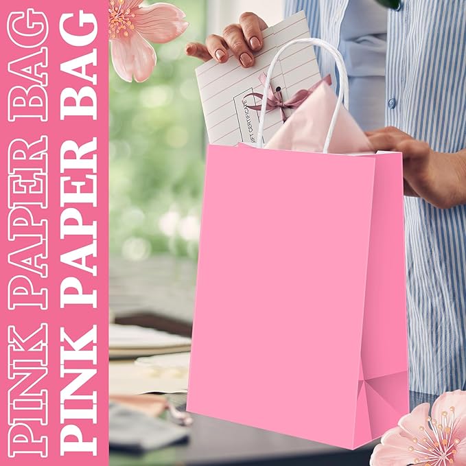Humyoun 24 Pcs Pink Paper Gift Bags with Handles 8.3" x 5.9" x 3.1" Goodies Treat Candy Bags for Holiday Party Favor Gift Wrapping Baby Shower Wedding Birthday Party Supplies