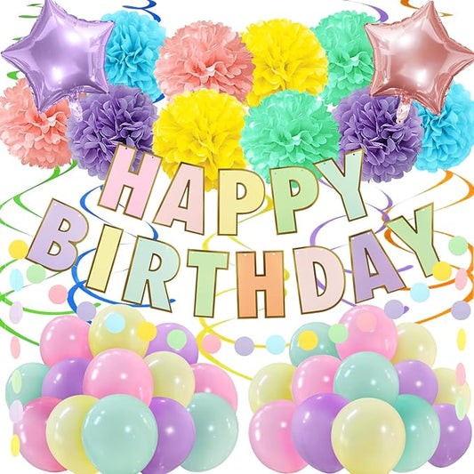 Pastel Birthday Decorations, Multicolored Happy Birthday Banner with Paper Pompoms Party Balloons for Boys Girls Women Party Decorations Supplies