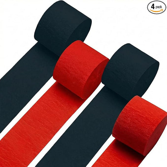 GCB Black Red Crepe Paper Streamers 4Rolls 328ft Pack of Party Streamers Crepe Paper for Birthday Party Decorations Wedding Decorations Baby Shower Engagement Anniversary Decors (1.8inx82 Ft/Roll)