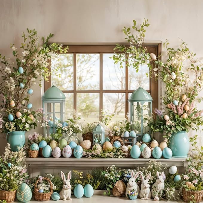Kate Easter Photography Backdrops Rabbits Colorful Eggs Backdrops for Photoshoot Spring Window Holiday Party Decor Props, 8x8ft