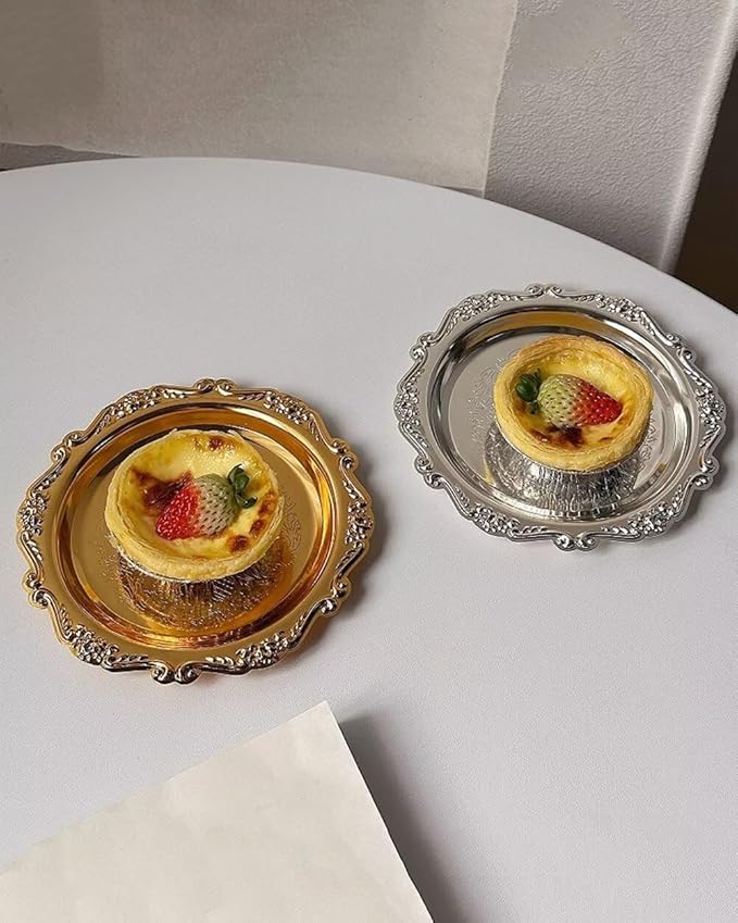 Round Decorative Tray 5.9in Metal Dessert Plates Vintage Coffee Table Tray for Snacks Fruit Silver
