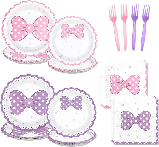 96Pcs Cartoon Mouse Party Decorations Cute Mouse Birthday Paper Plates and Napkins Tableware Sets Pink and Purple Bows Themed Decor for Girls Holiday Birthday Party Supplies Serves 24