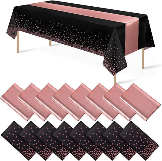 16Pack Disposable Plastic Tablecloths and Satin Table Runner Set Black and Rose Gold Dot Tablecloth Gold Satin Table Runner for Wedding Birthday Baby Shower Anniversary Christmas New Year Party Supply