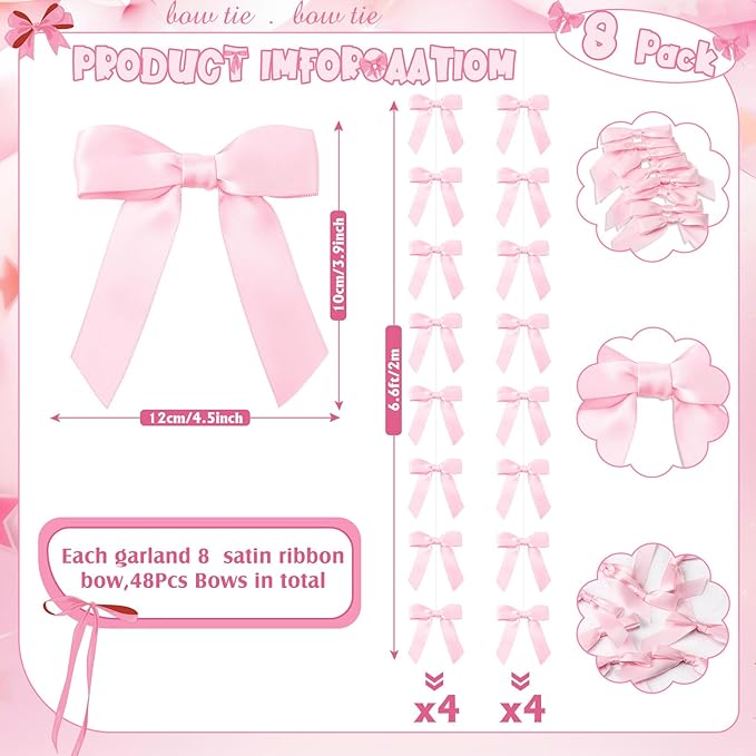 Taobary 8 Pcs 6.6 ft Bow Garland, Satin Ribbon Bow Banner Coquette Hanging Ornament for Photo Backdrop Birthday Party Wedding Bridal Baby Shower Wall Decorations(Pink,1 Inch)