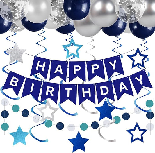ZHENGYE Blue Birthday Decorations Set Happy Birthday banner Hanging Swirls Circle Dot Garland Confetti Latex Balloon Birthday Party Decoration Supplies