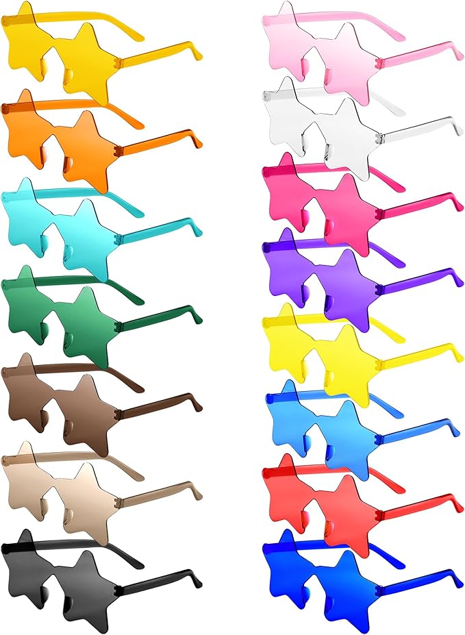 PLULON 15 Pairs Star Sunglasses Rimless Star Shape Sunglasses, Colorful Star Glasses Bulk Bachelorette Sunglasses Star Party Favors for Birthday Beach Kids Adult - Multicolor