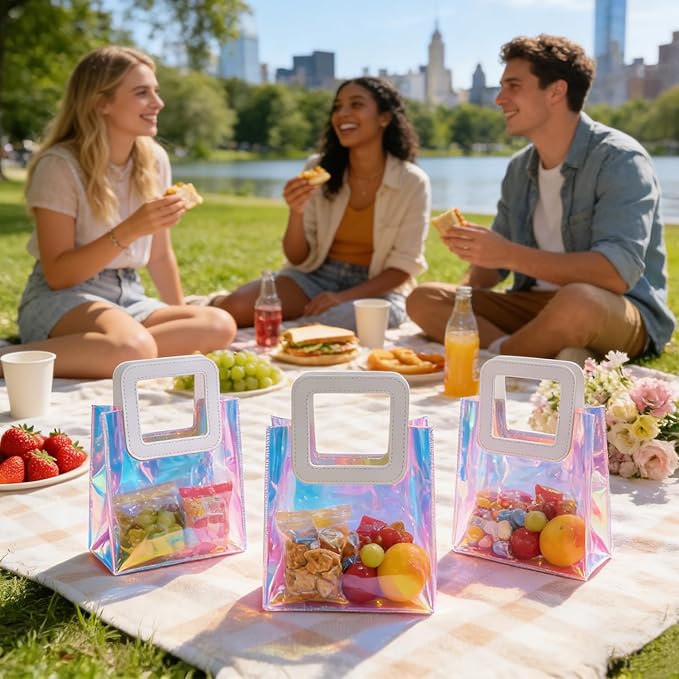 20 Pcs Reusable Holographic Medium Gift Bags with Handle 11''x9.8''x5.7'' Iridescent Bachelorette Party Favor Bags Clear PVC Tote Goodie Bags for Shopping, Picnics, Baby Showers, Weddings, Holidays