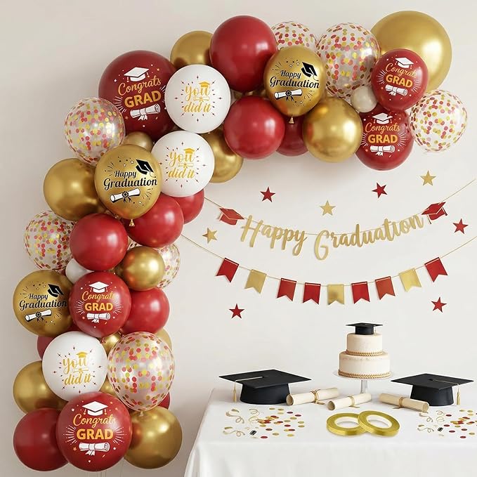 Burgundy and Gold Graduation Balloons Graduation Decorations 2026, 60Pcs Print Congrats Grad Balloons, Maroon Gold Confetti Latex Balloon, Class of 2026 Grad Party Decorations for College High School