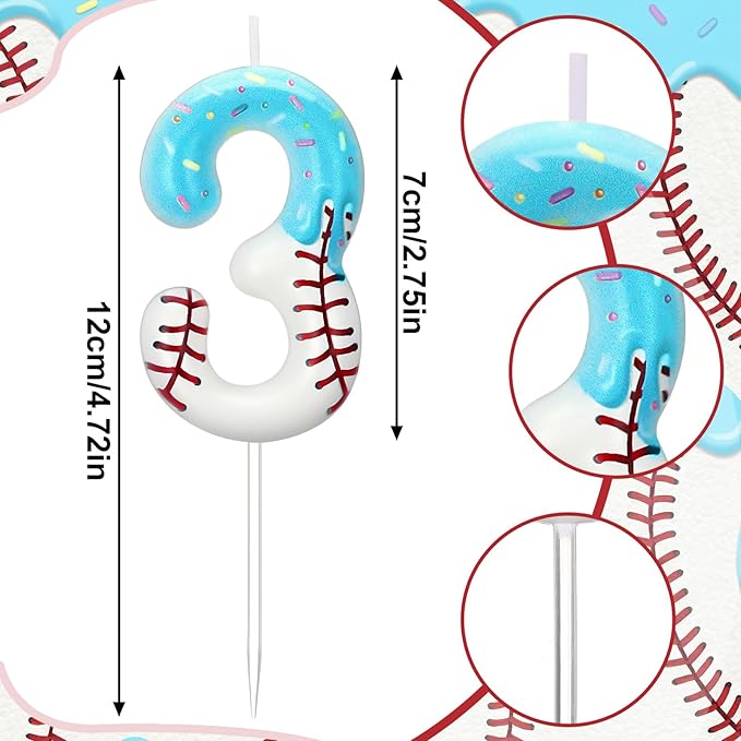 Conelist Ice Cream Drip Baseball Birthday Candle Number 3, Baseball Ice Cream Drip Birthday Cake Topper Candle Number 3 for Cake Sport Teams Theme Anniversary Celebration Party Decoration Favor Supply
