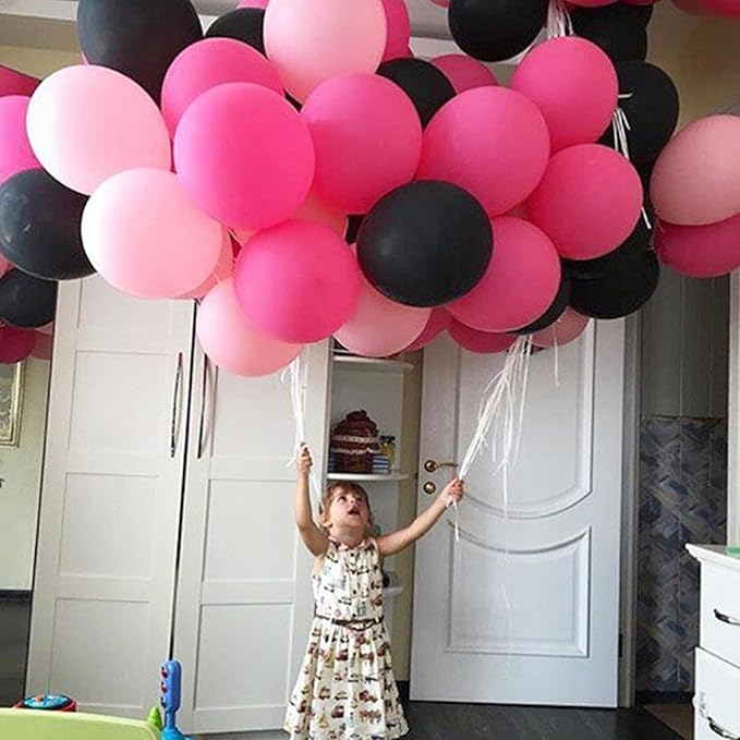 Pink Black Balloon Set, 60PCS Rose Red Black Birthday Balloons, 12 Inch Hot Pink White Latex Balloon Black Dots Pink Confetti Helium Balloons for Girls Theme Birthday Bridal Party Supplies