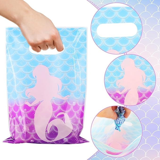 Hxezoc 50 Pieces Mermaid Goodie Bags Cute Candy Bag Plastic Treat Bags Mermaid Gift Wrap with Handles Party Favor Bags For Girls Birthday Party Decoration Supplies