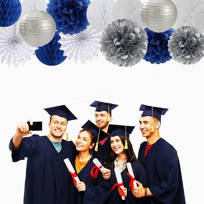 Navy-Blue White Silver Party Decorations - 14pcs Kits Paper Lanterns Fan,Tissue Flower Pom Poms Streamers,Honeycomb Balls,Graduation 2025 Men Birthday Wedding Baby Bridal Shower Decor Lasting Surprise