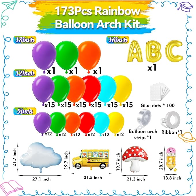 Rainbow Balloon Arch Garland Kit 173Pcs, Back to School Balloon with School Bus Pencil ABC Mushroom Cloud Foil Balloons for Watermelon Birthday Back to School Kindergarten Graduation Decor