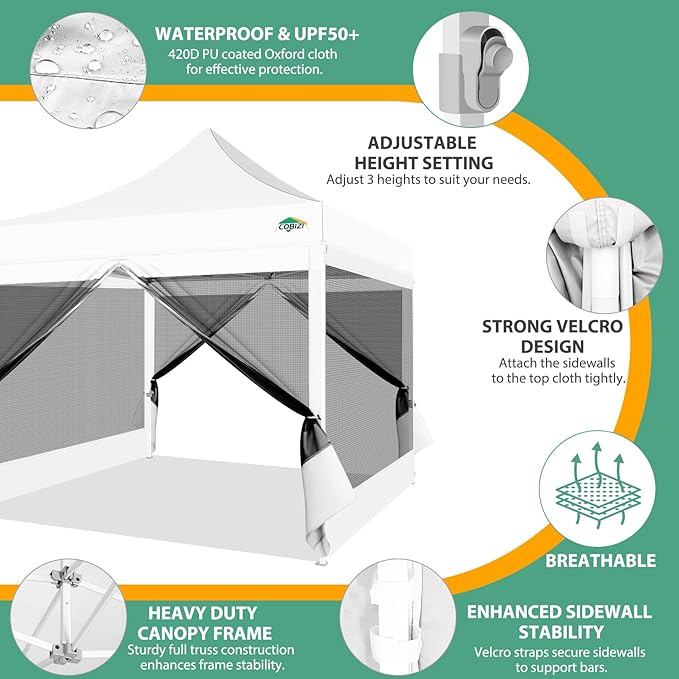 COBIZI 10x10 Pop up Gazebos with 4 Mosquito Netting Sidewalls,Heavy Duty Pop up Canopy Tent for Party,Outdoor Camping,Lawn and Backyard,Easy Set up Screen Tents with Handbag,White