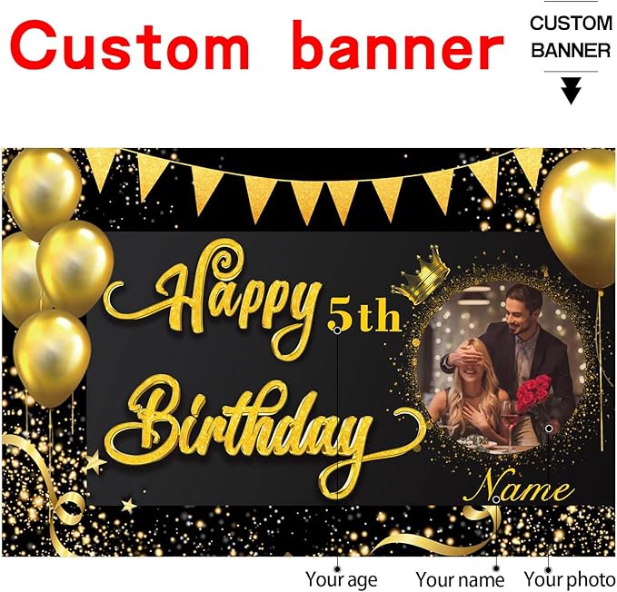 Custom Black and Gold Happy Birthday Party Decorations Supplies Personalized Black and Gold Birthday Backdrop Banner(5x7.5ft)
