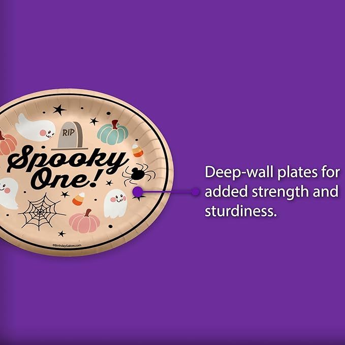 Spooky One First Birthday - 32 Piece Disposable Party Supplies - Decorations for Halloween 1st Birthday Round Party Plates - Large 9" Paper Plates In Bulk