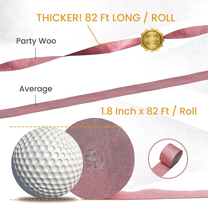 PartyWoo Rose Gold Crepe Paper Streamers 6pcs 492ft Pack of Metallic Rose Gold Baby Pink Crepe Paper Streamers for Birthday Bridal Shower Engagement New Year Eve Graduation Party Decorations