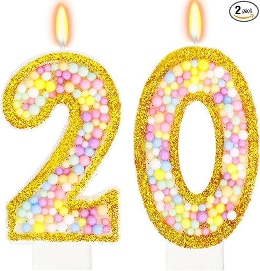 20th Birthday Candle for Cake, Colorful Macaron Numeral Candles for Women/Men, Birthday Party Cake Decorations, Golden Cake Topper for Birthday Party Supplies (Number 20)