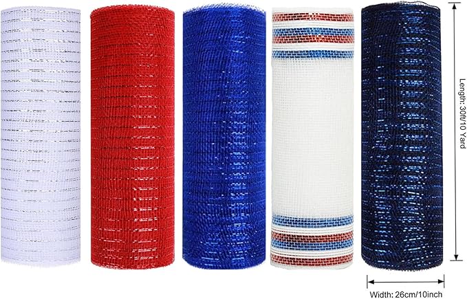 5 Rolls Patriotic Mesh Ribbon for Wreath, 10 Inch x 30FT Per Roll Metallic Foil Deco Mesh Rolls Red White Navy Blue Decorative Mesh for 4th of July Independence Day Memorial Day Party Decor
