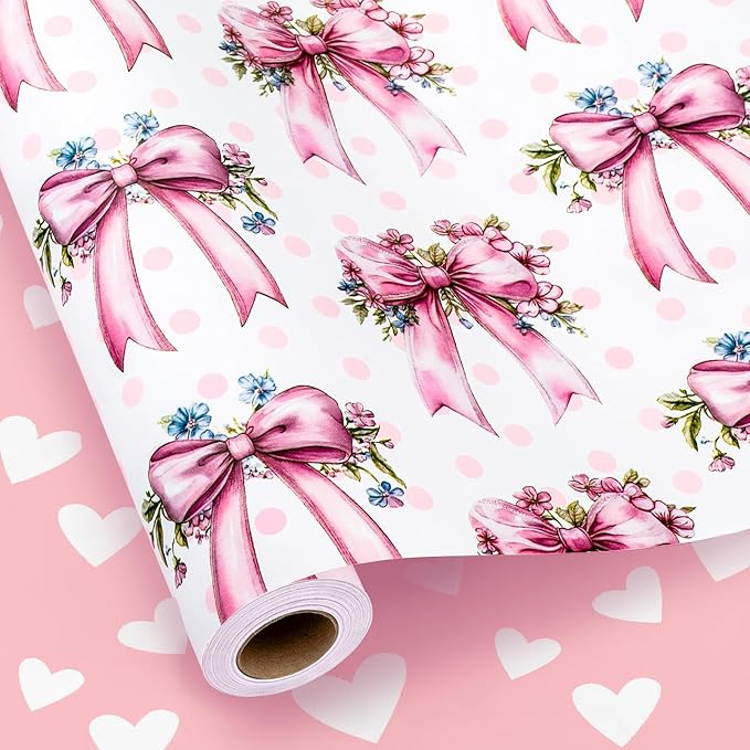 MAYPLUSS Pink Bow Wrapping Paper Roll, Girl Birthday Wrapping Paper, Reversible Girly Feminine Pink Gift Wrap with Bow Print for Baby Shower, Christmas, Valentine's Day, Mother's Day (17 In X 33 Ft)