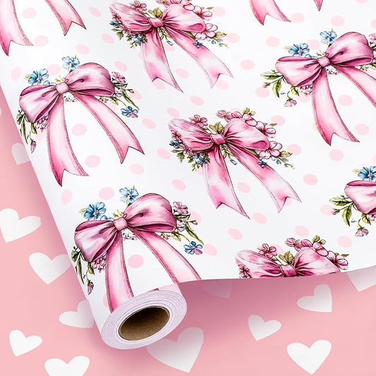 MAYPLUSS Pink Bow Wrapping Paper Roll, Girl Birthday Wrapping Paper, Reversible Girly Feminine Pink Gift Wrap with Bow Print for Baby Shower, Christmas, Valentine's Day, Mother's Day (17 In X 33 Ft)