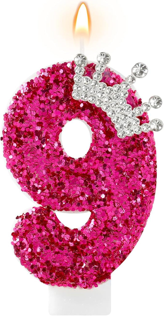 AKURIEEY Hot Pink Birthday Candles Crown Number 9 Candle Birthday Party Decorations Cake Topper Cupcake Decor for Anniversary Celebrations Supplies