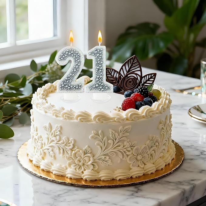 21 Birthday Number Candle for Cake, Glitter Number Candle with Silver Beads, Decorative Cake Topper for Milestone Celebrations