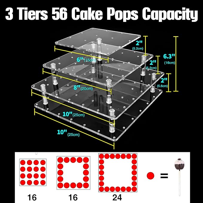Goabroa Cake Pop Stand, 56 Holes 3 Tier Clear Acrylic Lollipop Holder, Cake Pop Holder Stand for Birthday Shower Decorations Weddings Parties Anniversaries Dessert Display