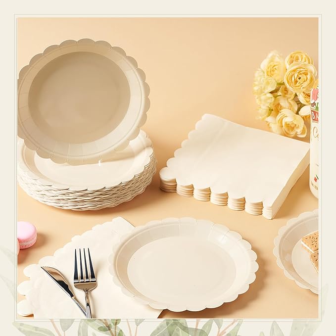 120 Pcs Ivory Paper Plates and Napkins Party Supplies, 7 Inch Cream Plates Scalloped Disposable Tableware for Bridal Baby Shower Wedding Birthday Party Decorations, Serve 60 Guests