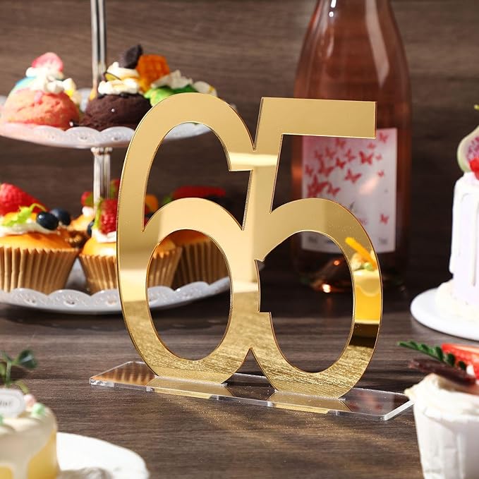 Threehoney 12 Pcs Mirror Gold 65th Birthday Decorations for Men and Women Acrylic Anniversary Decorations Table Numbers Centerpieces for Birthday Party