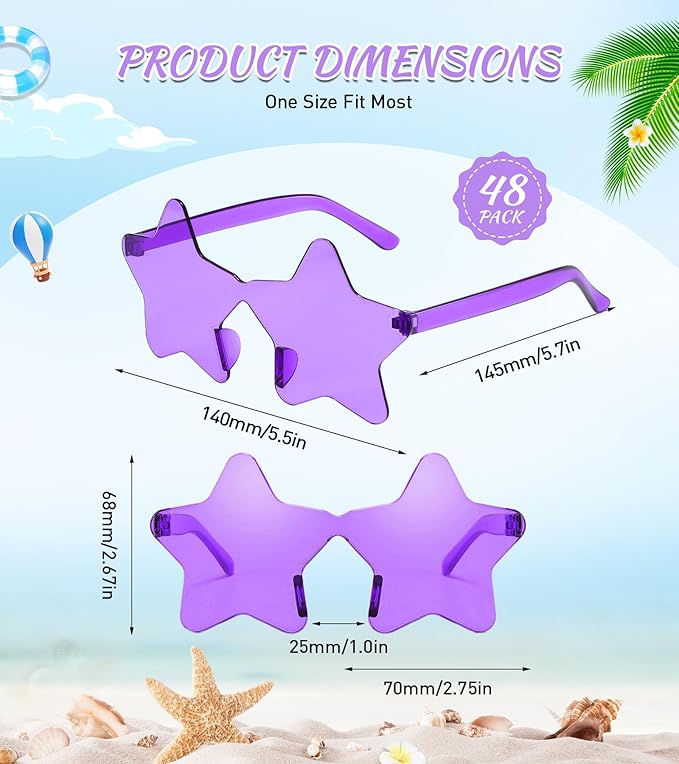 Matcheck 48 Pack Star Rimless Sunglasses Frameless Colored Party Glasses Transparent Fun Eyewear for Adult