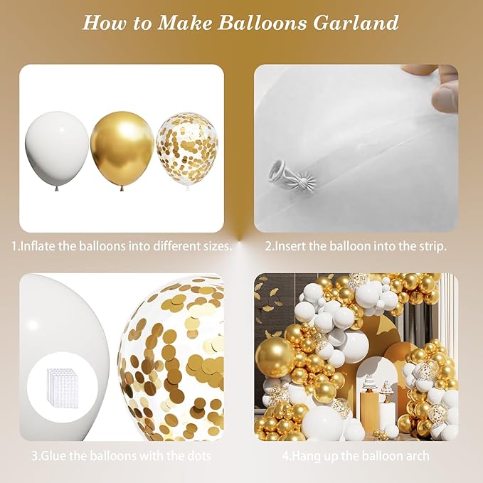 White and Gold Balloons Arch Kit, 131Pcs Gold Latex Balloons Different Size, Gold and White Balloons for Wedding, Engagements, Birthday, Bridal Shower, Anniversary
