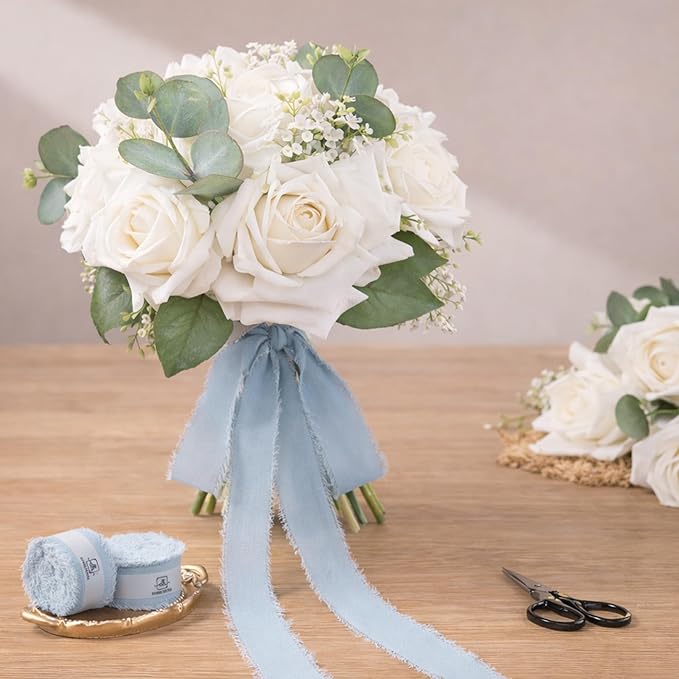 DORIS HOME Dusty Blue Chiffon Ribbon for Flower Bouquet, 1" x21Yd Fabric Ribbon for Gift Wrapping, Handmade Frayed Ribbon for Wedding Invitations/Christmas Decorations