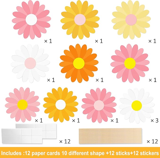 12pcs Daisy Theme Centerpiece Sticks Groovy Spring Flower Centerpieces for Table 70s Groovy Hippie Chrysanthemum Daisy Decorations for Spring Summer Flower Birthday Wedding Supplies