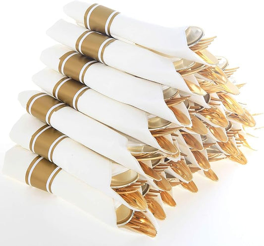 Supernal 30 Pack Pre Rolled Gold Plastic Silverware with Linen Feel Napkins, Heavy Duty Disposable Wrapped Cutlery Set for Weddings, Graduation Parties 2026, Upscale Catering & Events