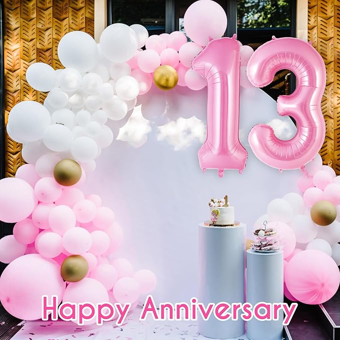 Pink Number 13 Balloon, 40 Inch Big Large Foil Helium Number Balloons, Giant Mylar Number 13 Balloons for 13 Years Old Birthday Party Decorations Supplies Anniversary