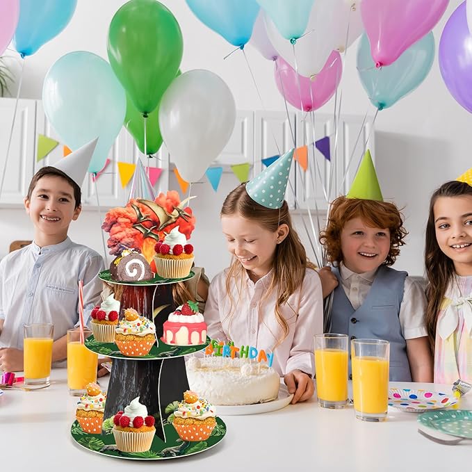 Zopeal 3 Tier Dinosaur Cupcake Stand Dinosaur Theme Cupcake Holder Dino Jurassic Volcano Dessert Tower for Kids Birthday Baby Shower Dino Theme Party Supplies