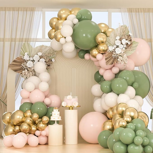 Sage Green Gold Pink Balloon Arch Kit, 163pcs Olive Green Pink Sand White Balloons for Birthday Wedding Baby Shower Gender Reveal Anniversary Bachelorette Parties