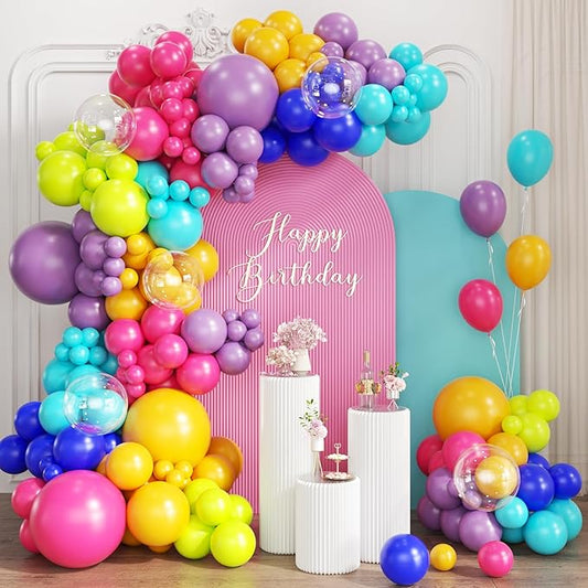 Colorful Rainbow Balloon Garland Arch Kit, 167Pcs Multicolor Neon Primary Color Balloons for Birthday Summer Pool Tropical Theme Carnival Party Decorations