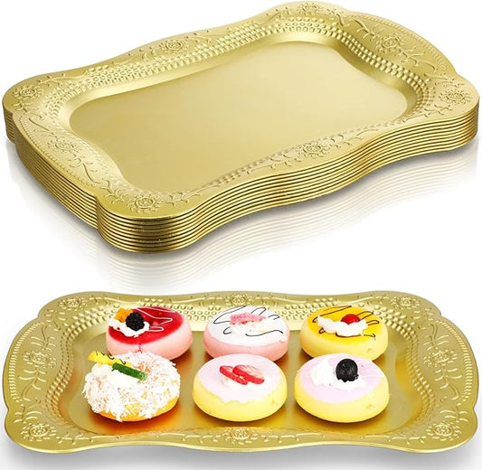 Layhit 10 Pcs Plastic Serving Trays 13" x 9" Rectangle Platters for Dessert Display Tray for Decoration Embossed Serving Platter Dish for Parties, Weddings, Engagements, Birthdays (Gold)