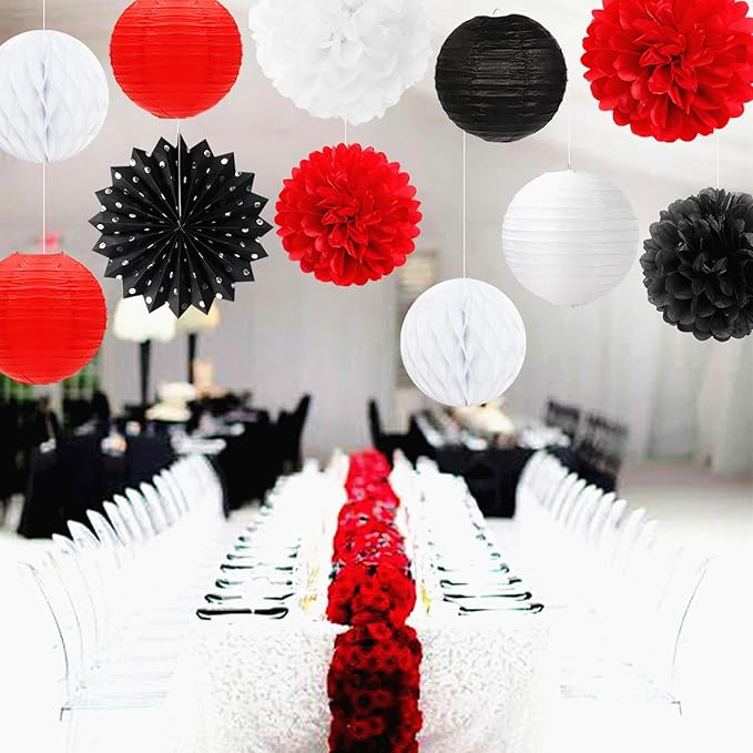 Black White-Red Party-Decorations Streamers Lanterns - 14pcs Birthday Graduation 2026 Paper Honeycomb Fan,Tissue Pom Poms,Men Women Wedding Baby Shower Backdrop Supplies Decor Ouruola