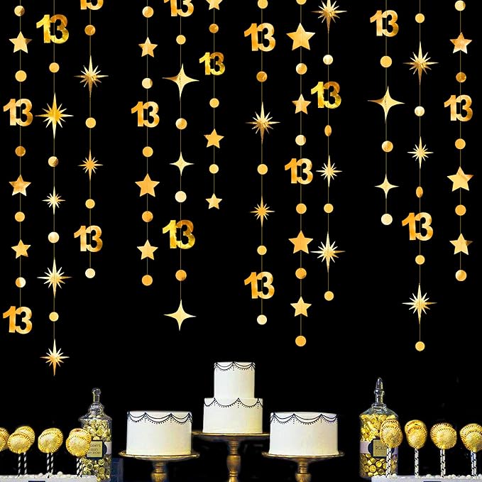 Gold 13th Birthday Decorations Number 13 Circle Dot Twinkle Star Garland Metallic Hanging Streamer Bunting Banner Backdrop Girls Boys 13 Years Old Birthday Thirteen Official Teenager Party Supplies