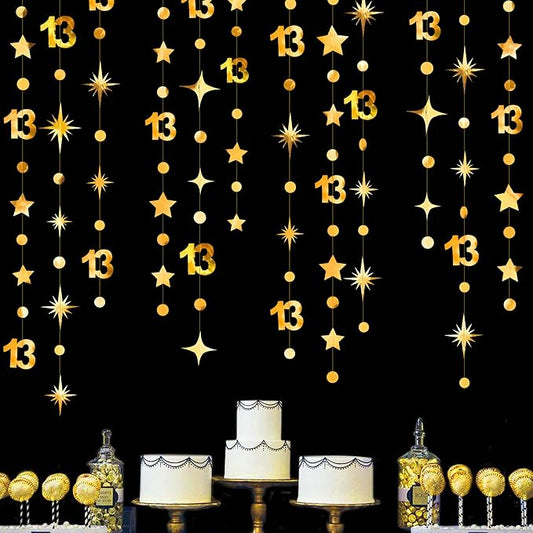 Gold 13th Birthday Decorations Number 13 Circle Dot Twinkle Star Garland Metallic Hanging Streamer Bunting Banner Backdrop Girls Boys 13 Years Old Birthday Thirteen Official Teenager Party Supplies